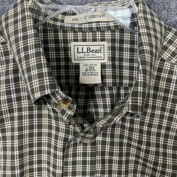 LL Bean Button Down Shirt Men L Green Ivory Check Plaid Long Sleeve No Wrinkle - Picture 6 of 13